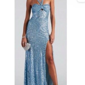 Light blue sequin full length dress (Prom, Formal, Homecoming) Sz 2 B.Darling